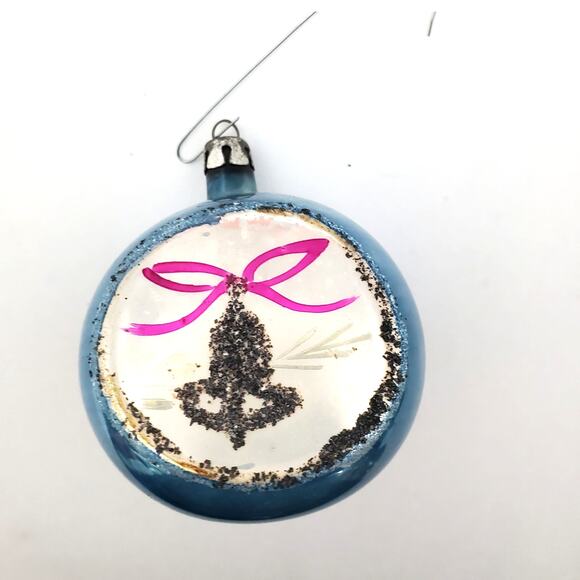 Vtg Hand Blown Blue Silver Glass Christmas Ornament Glitter Bell Poland Pink Bow - Picture 6 of 8
